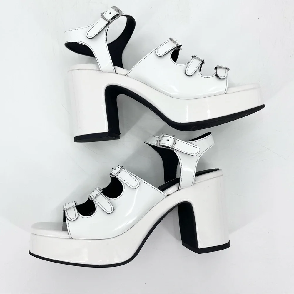 NEW Seychelles Loosen Buckled Up White Patent Leather 90s Platform Sandals 8.5